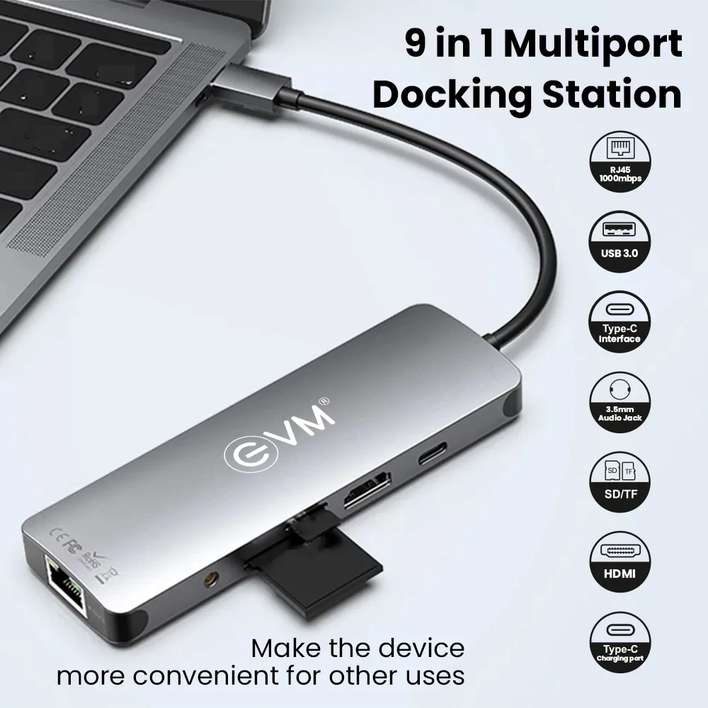 EVM Type-C Dock 9 in 1 (HDMI | USB |GIGA LAN | AUX | SD/TF CARD | TYPE-C) view 3